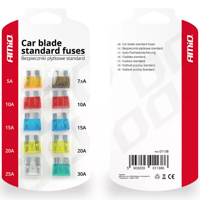 Zestaw samochodowych bezpieczników płytkowych typu STANDARD – blister 10 sztuk