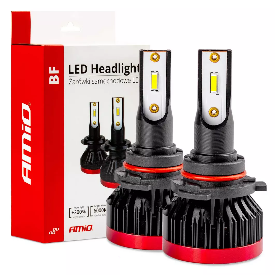 Żarówki LED HB3 (9005) AMiO – widok ogólny z opakowaniem