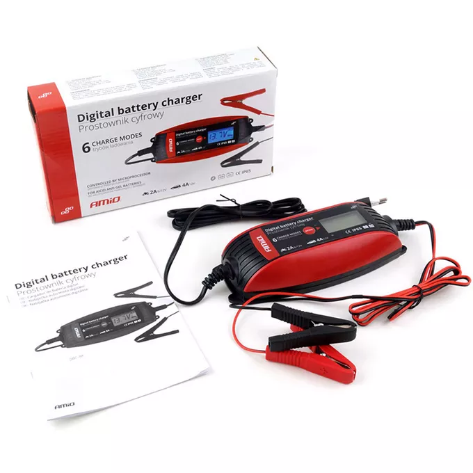 Prostownik AMiO - opakowanie z okablowaniem