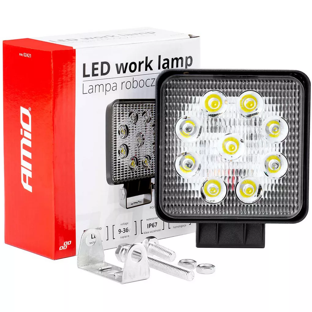 Lampa robocza AMiO 9 LED - widok główny z opakowaniem