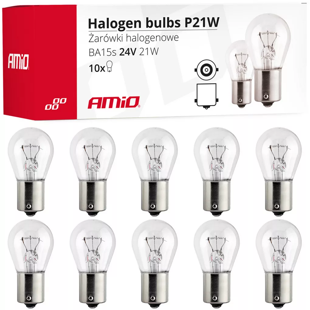 AMiO P21W BA15s 21W 24V - widok żarówek z opakowaniem