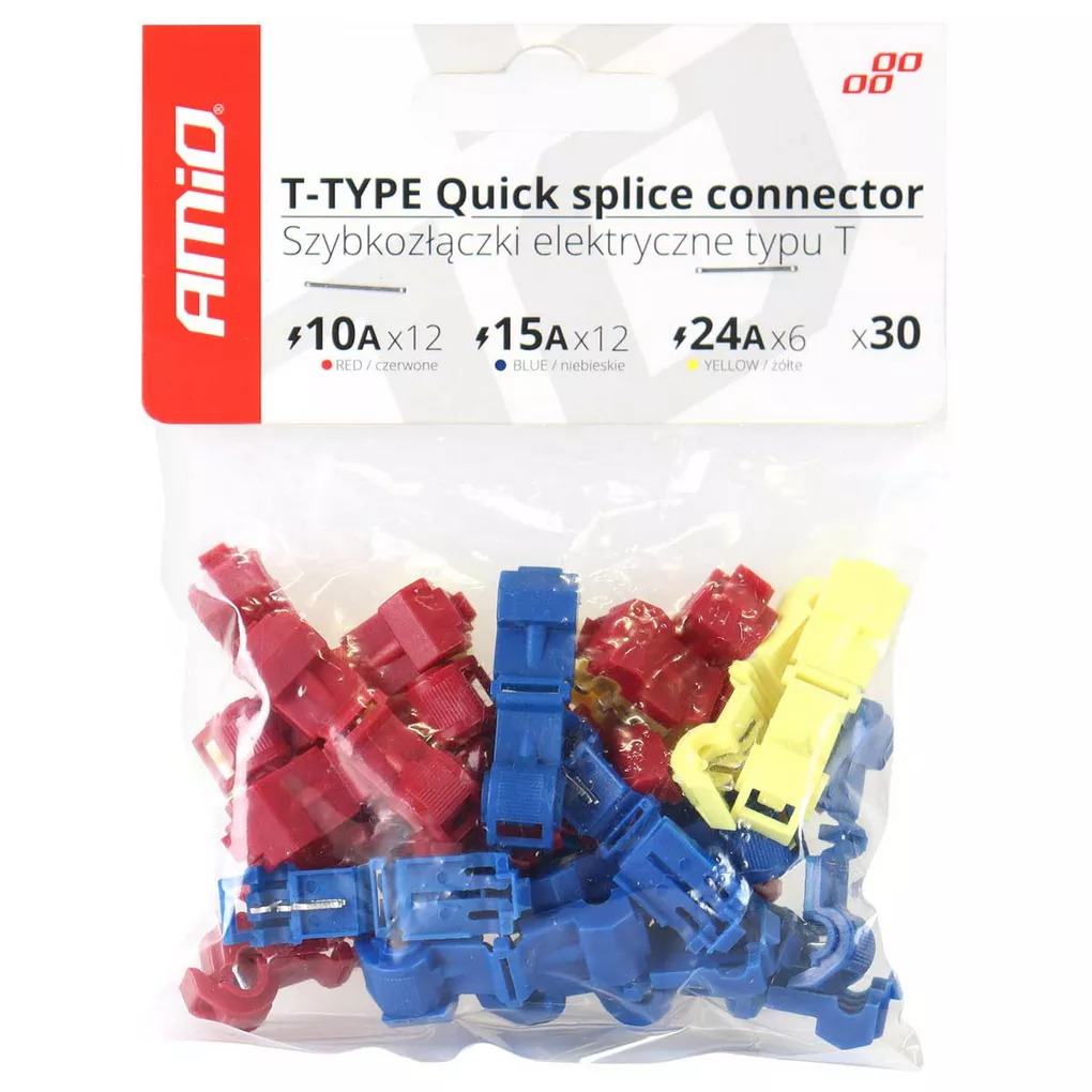 Szybkozłączki elektryczne typu T — mix 10A/15A/24A w opakowaniu