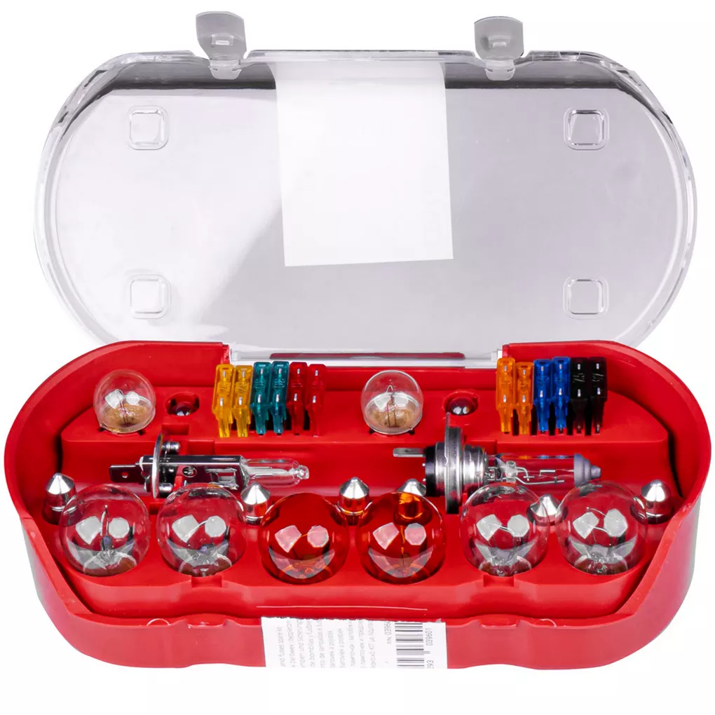 Zawartość zestawu żarówek i bezpieczników - układ elementów