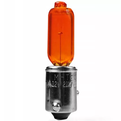 Żarówka M-Tech HY21W 12V 21W BAW9s, barwa pomarańczowa (amber) z homologacją ECE E4 - widok z bliska detale