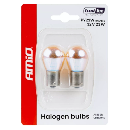Żarówki halogenowe AMiO PY21W 12V 21W BAU15S Amber z chromowaną powłoką