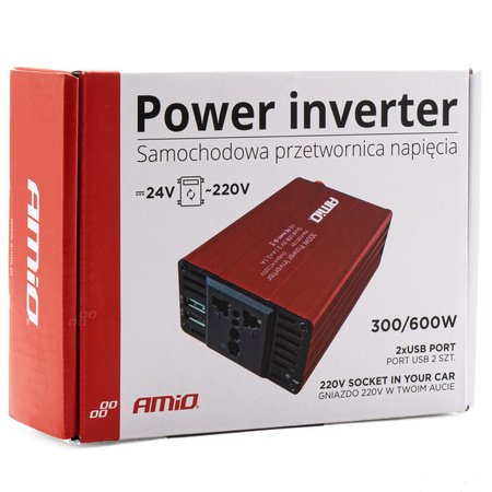 Przetwornica prądu AMiO 24V/230V 300W/600W 2xUSB PI04