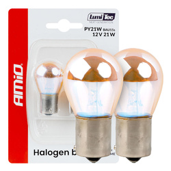 Żarówki halogenowe AMiO PY21W 12V 21W BAU15S Amber z chromowaną powłoką