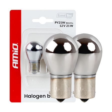 Żarówki halogenowe AMiO PY21W 12V 21W BAU15S z chromowaną powłoką