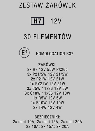 Zestaw zapasowych żarówek i bezpieczników Carmotion H7 12V 30 elementów