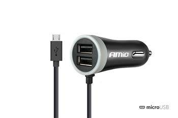 Ładowarka samochodowa AMiO Micro-USB +2 USB 2.4A 12/24V