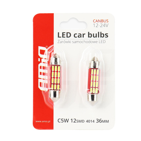 Żarówki LED AMiO C5W 12/24V 36mm Canbus 12 SMD białe
