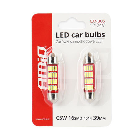 Żarówki LED AMiO C5W 39mm Canbus 16 SMD 12V/24V białe